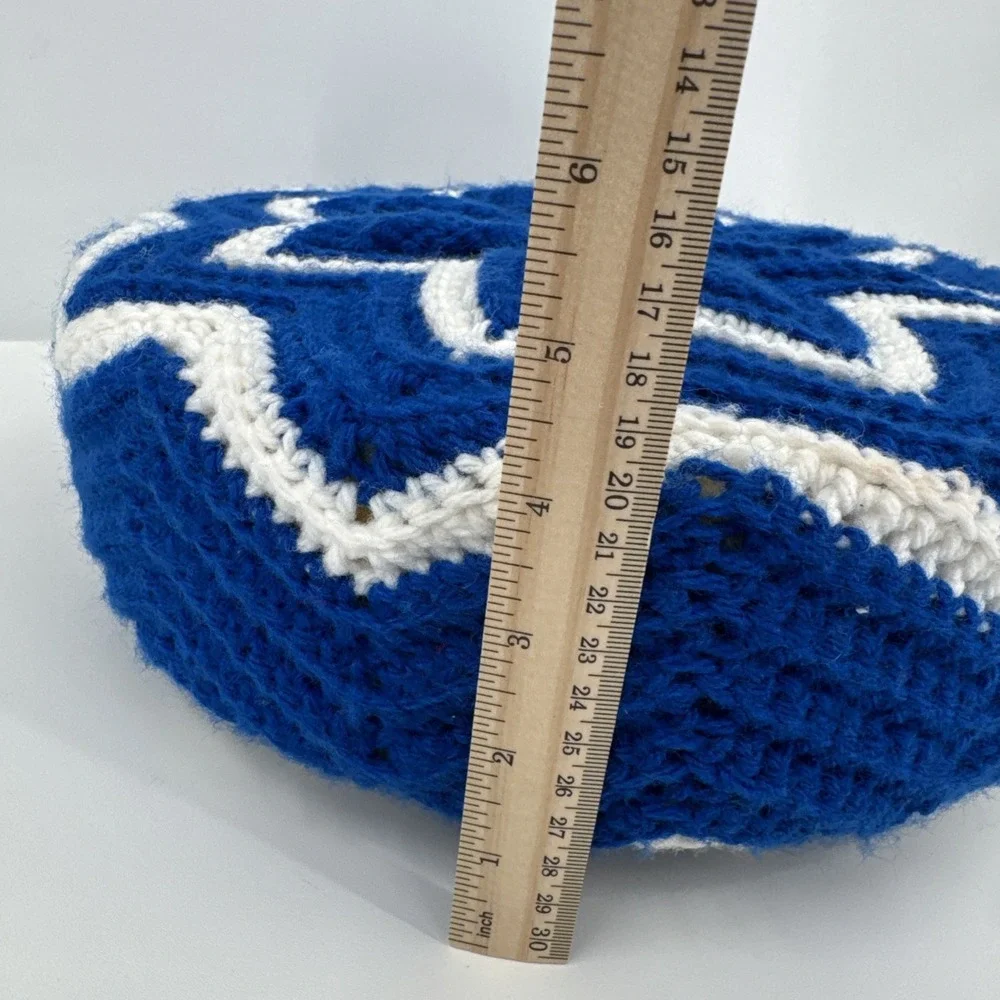 Vintage Crochet Round Granny Throw Pillow Blue White‎ Yarn Ruffled 3D Handmade